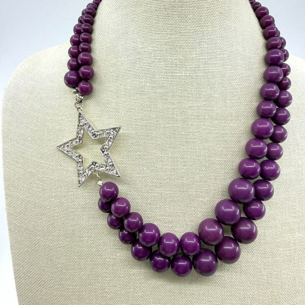 Purple Multi-Strand Statement Necklace Rhinestone Star Charm Boho Chic Gift